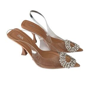 Zara Women's Brown and Clear Embellished Heels